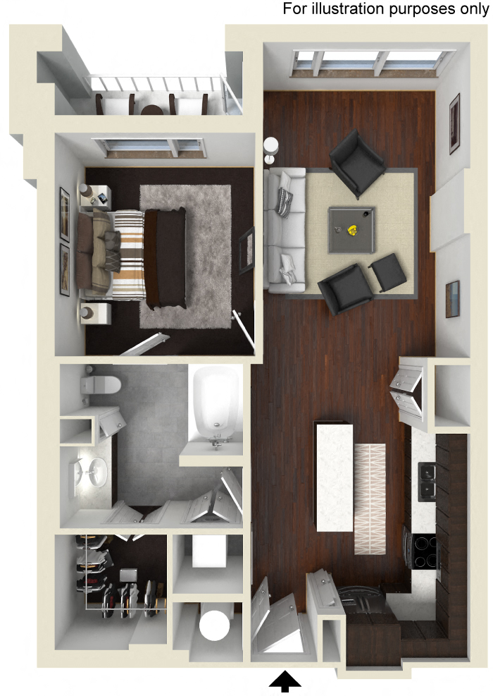 Floor plan for 1 bed, 1 bath, 783 sqft